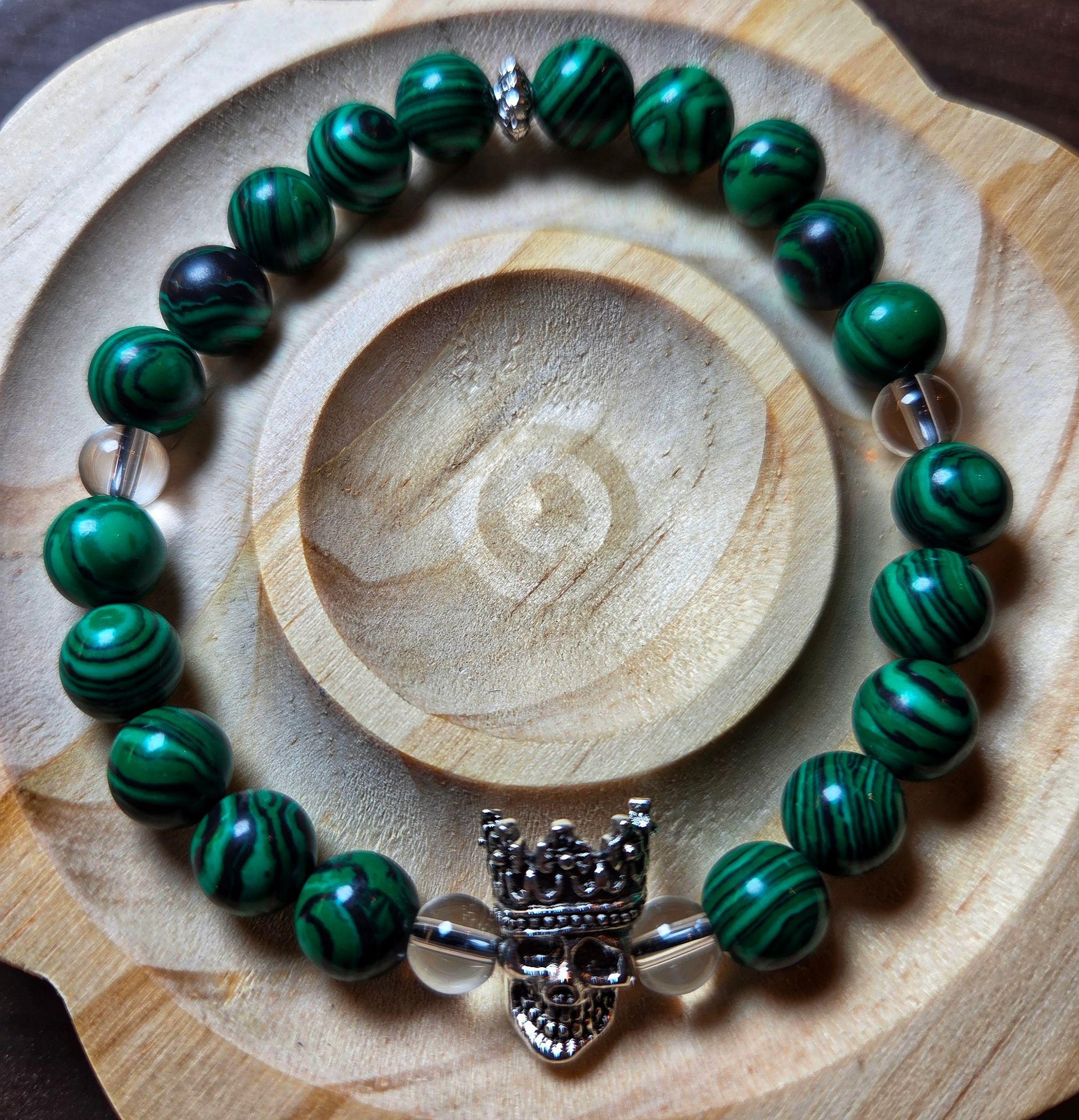 Malachite and Clear Quartz with a King Skull