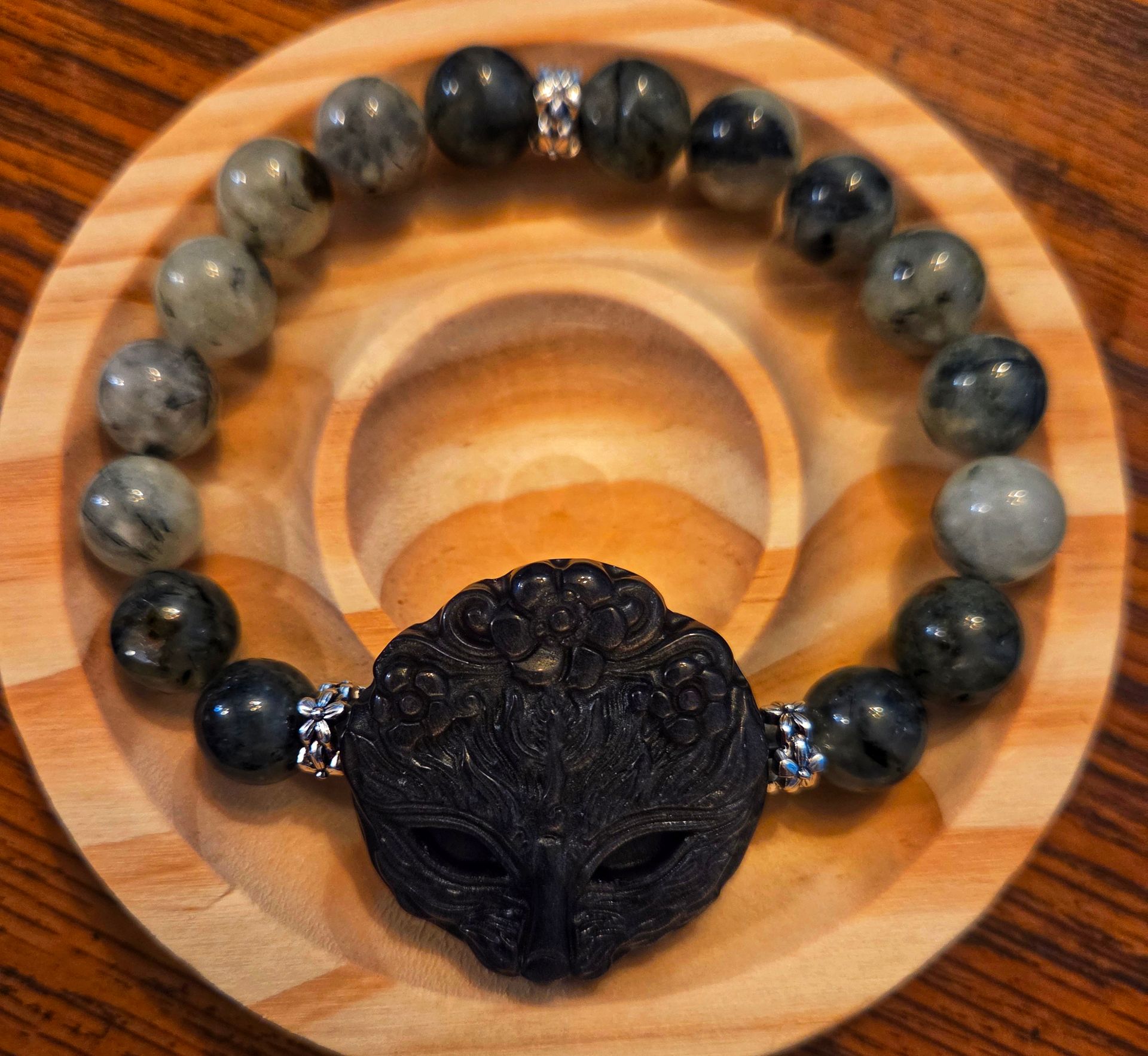 Silver Obsidian Fox Mask, Moss Agate, and Green Prehnite