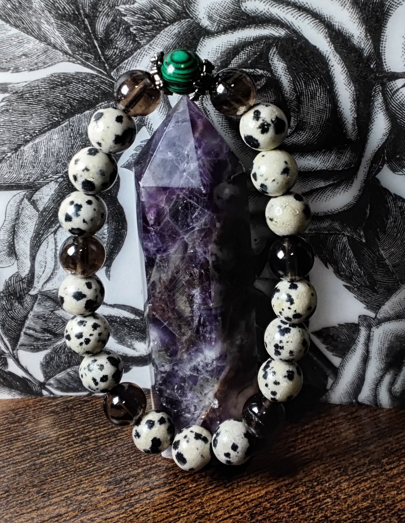 Dalmatian Jaspers, Smoky Quartz, and Malachite