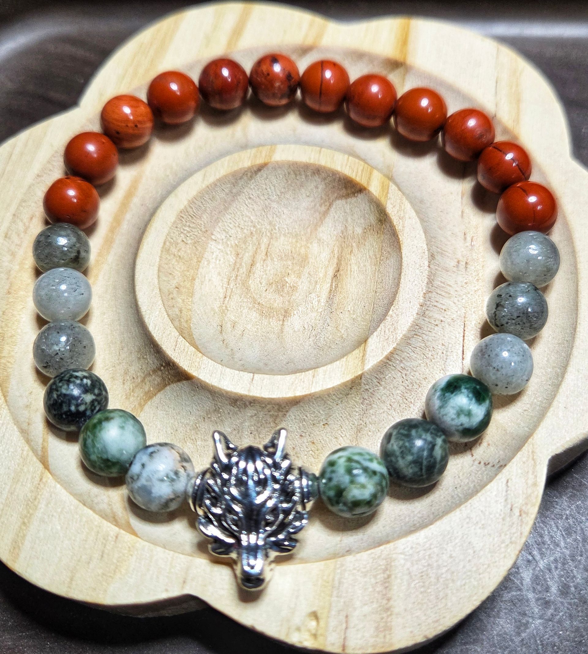 Tree Agate, Labodorite, and Red Jasper with Wolf Charm