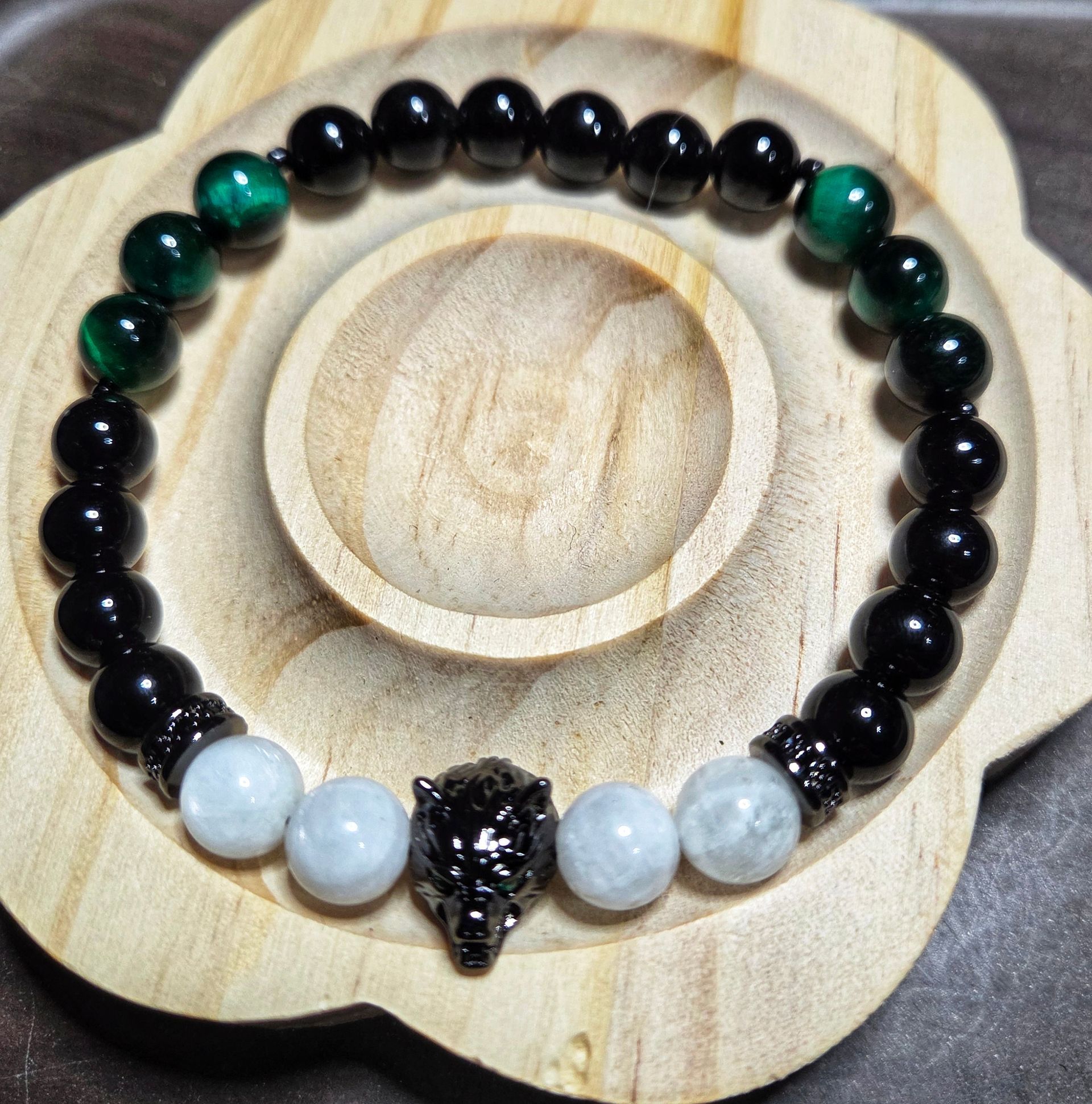 Black Obsidian, Green Tiger's Eye, Moonstone with a Bear Charm