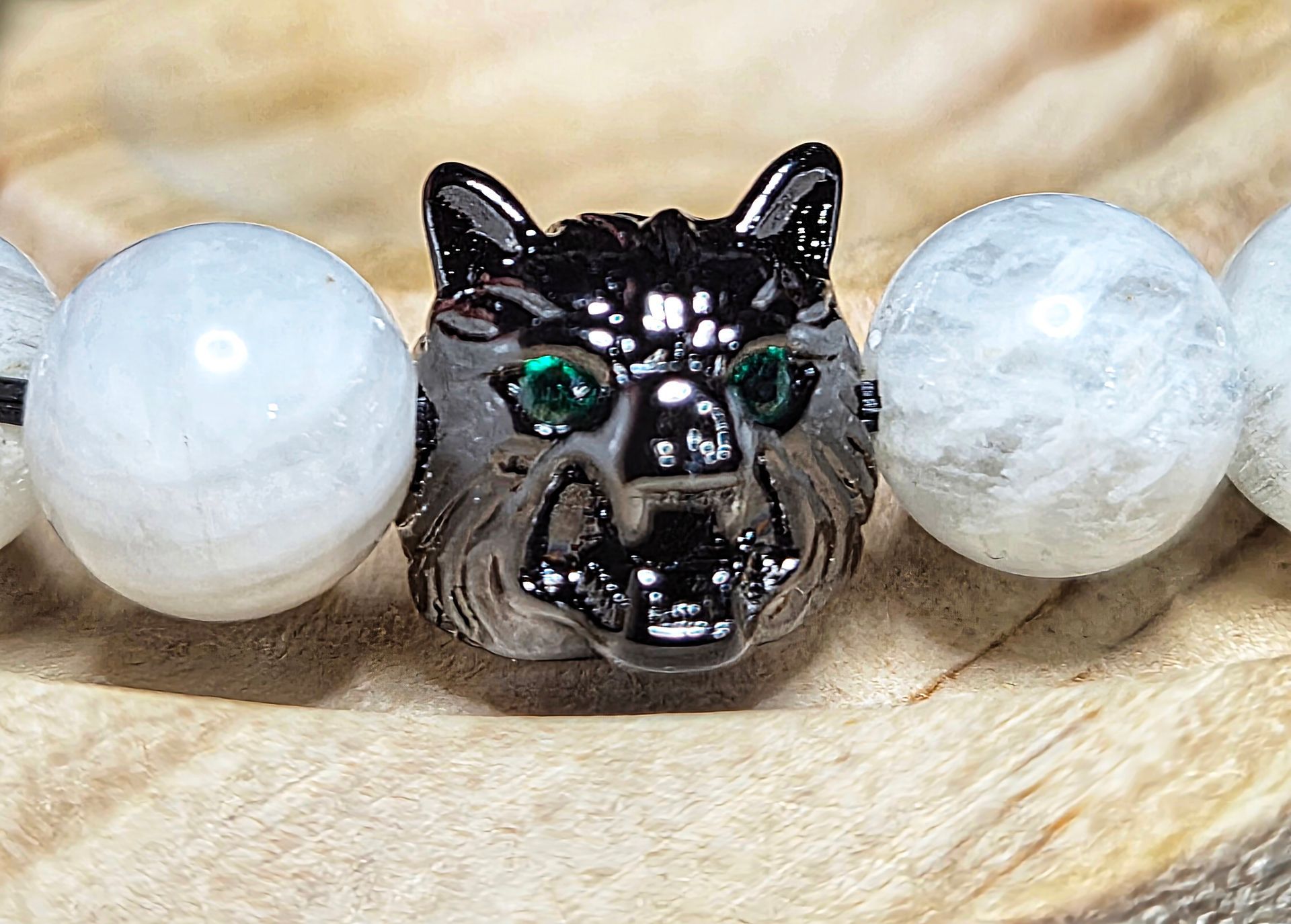 Black Obsidian, Green Tiger's Eye, Moonstone with a Bear Charm