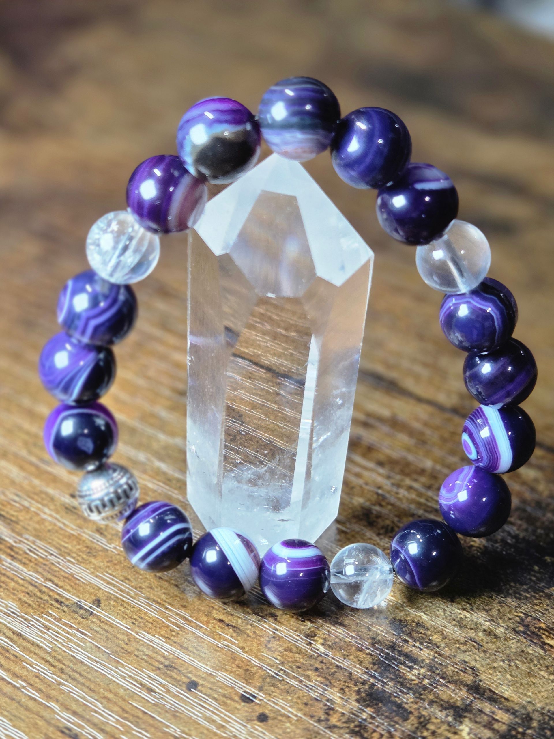 Purple Striped Agate and Clear Quartz with Silver Spacer