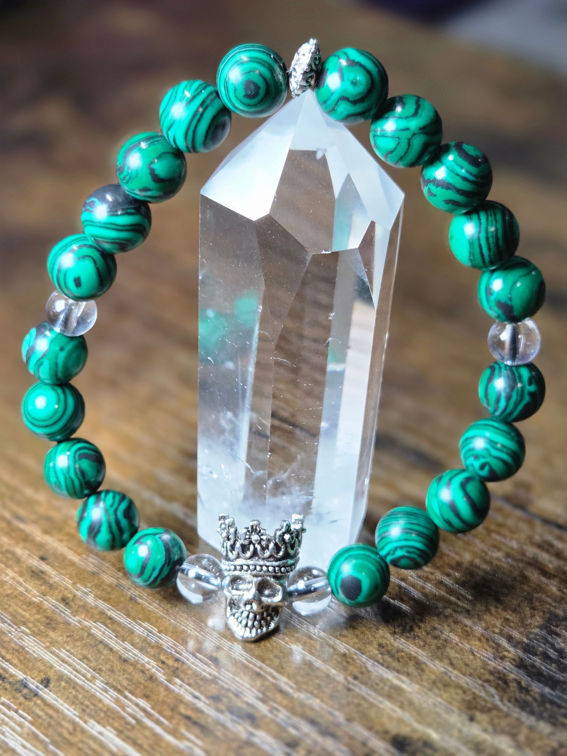 Malachite and Clear Quartz with a King Skull