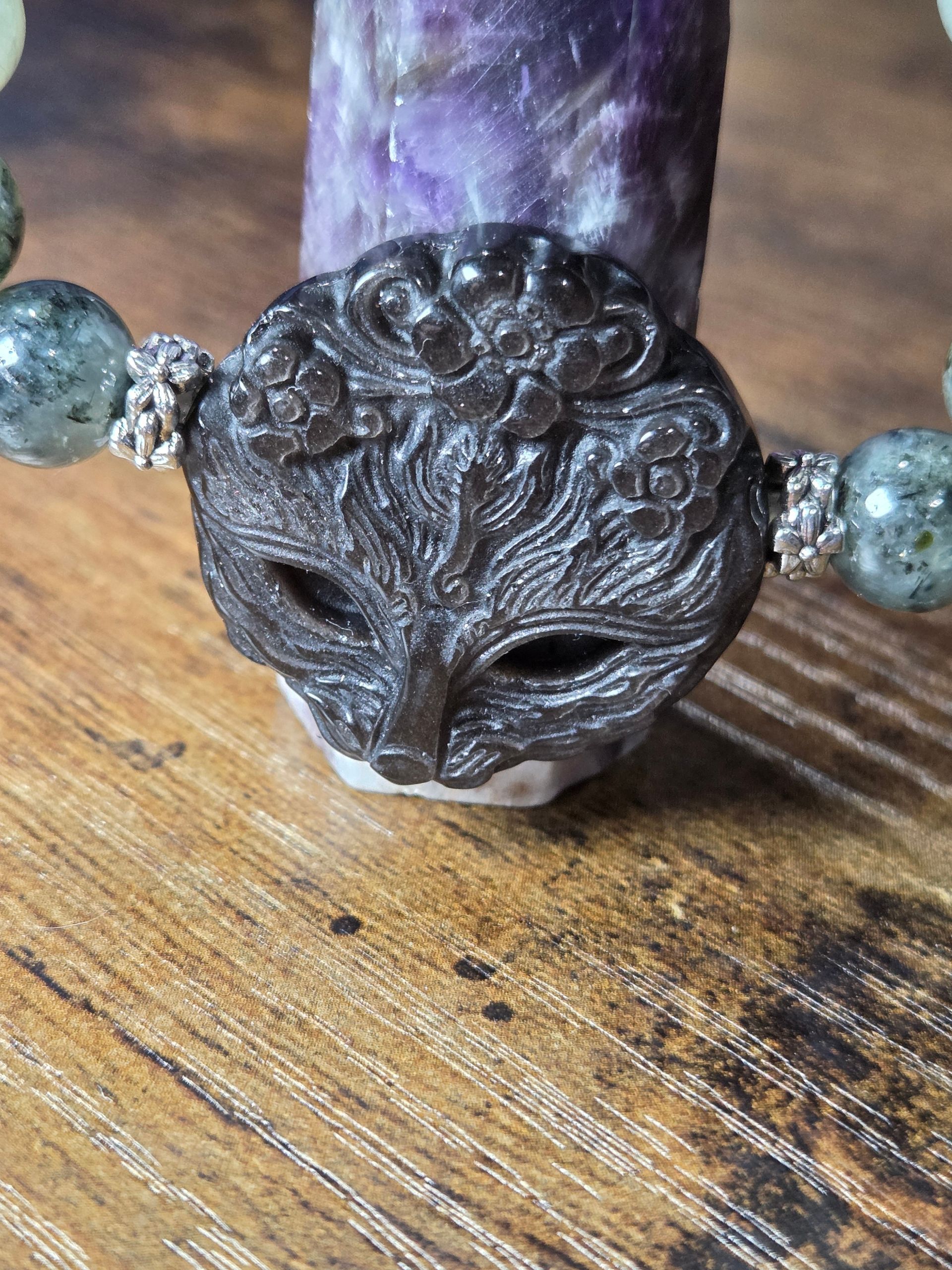 Silver Obsidian Fox Mask, Moss Agate, and Green Prehnite