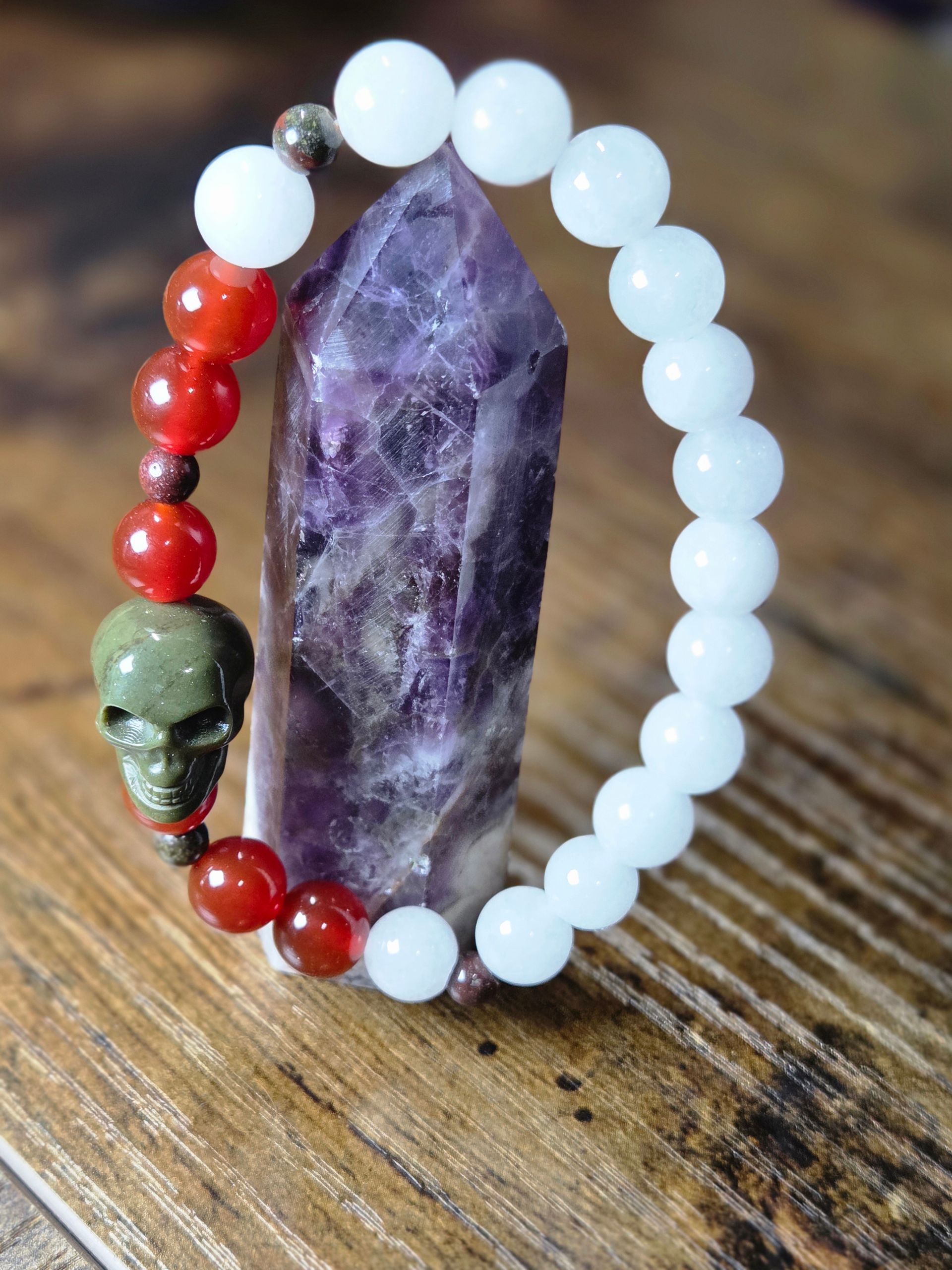 Ocean Jasper Skull, White Jade, Carnelian,  and Bloodstone