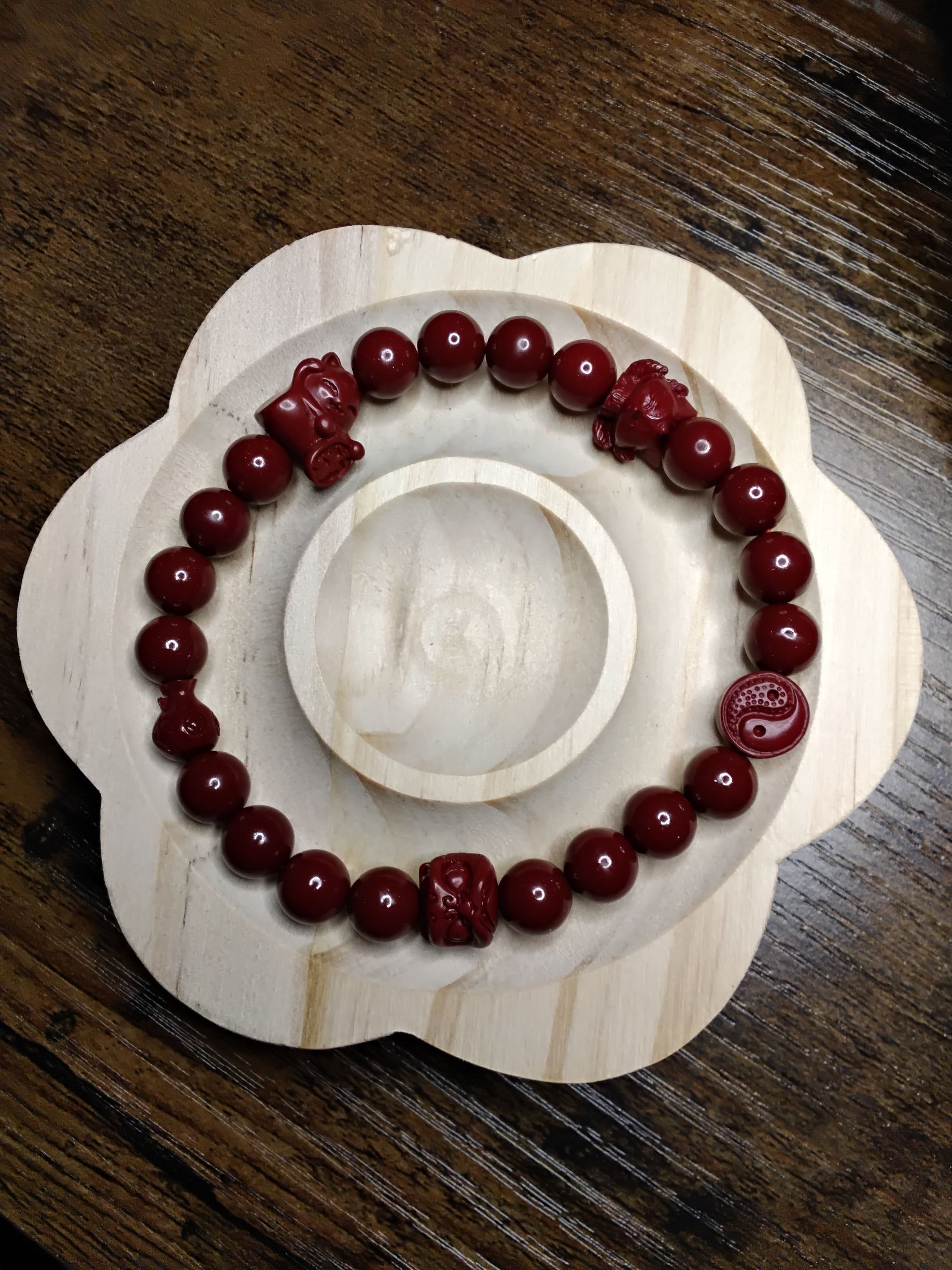 Cinnabar with Lion, Nine Tail Fox, Ying Yang, Coin bag and Fortune Cat