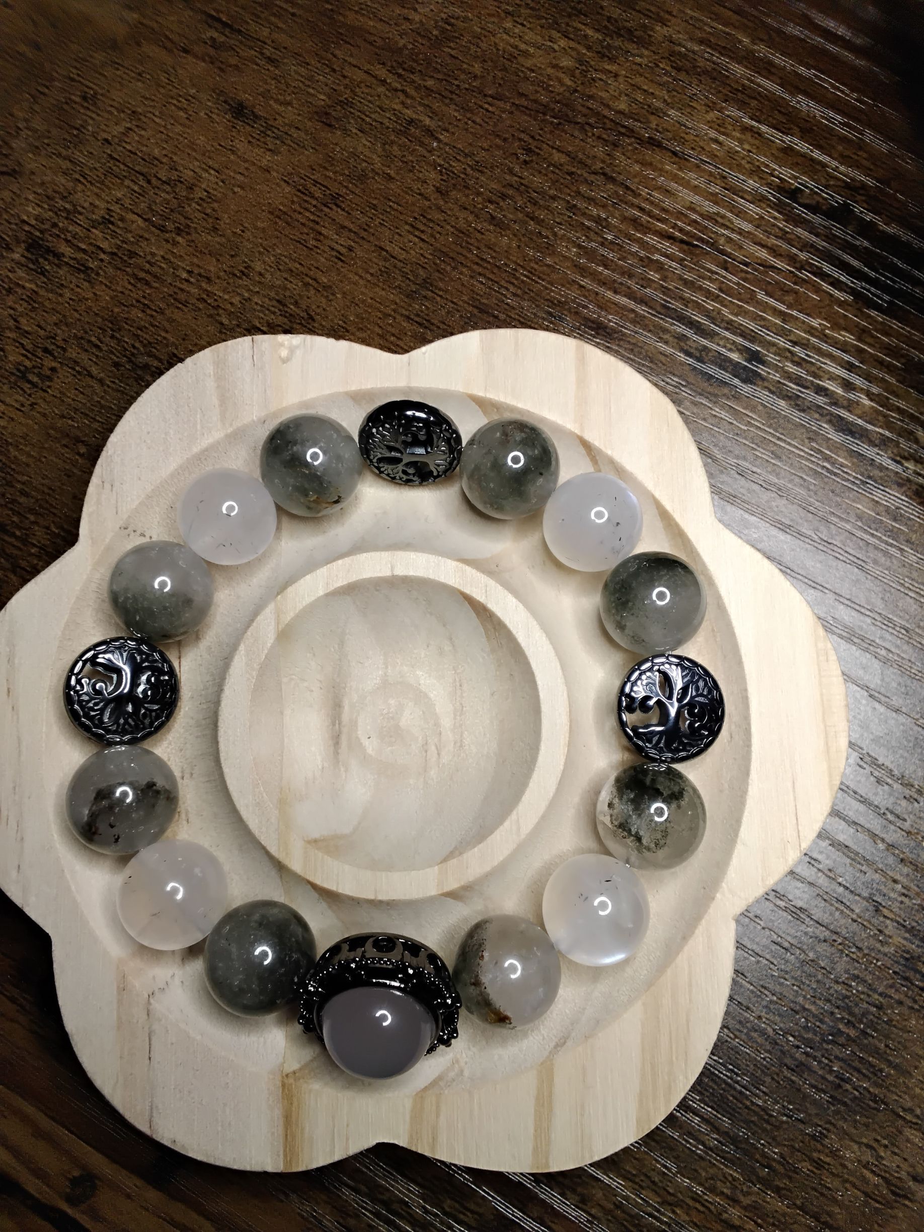 Garden Quartz, Blue Moonstone, Chalcedony Cabochon focal charm, and Tree of Life Charms