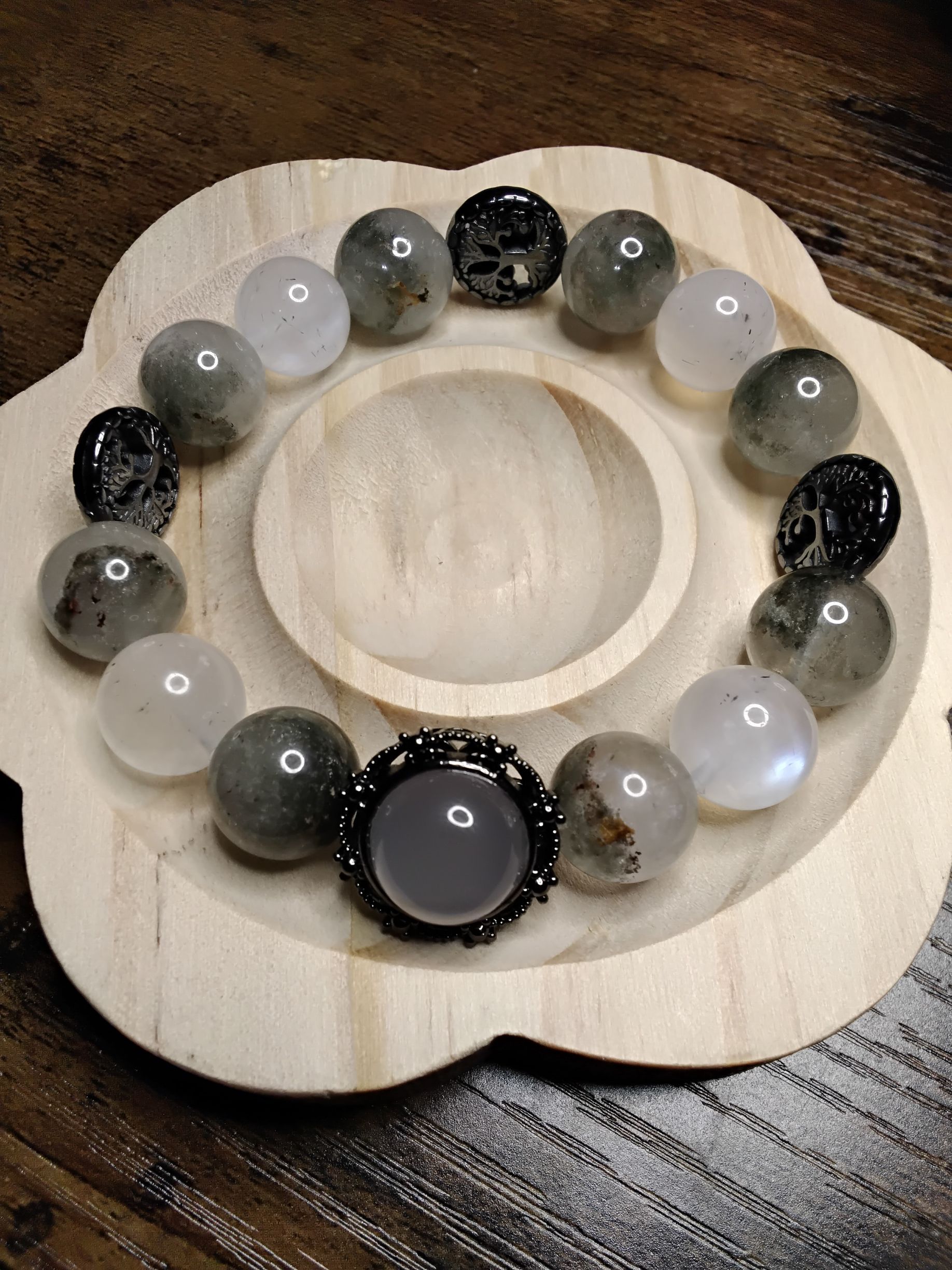 Garden Quartz, Blue Moonstone, Chalcedony Cabochon focal charm, and Tree of Life Charms