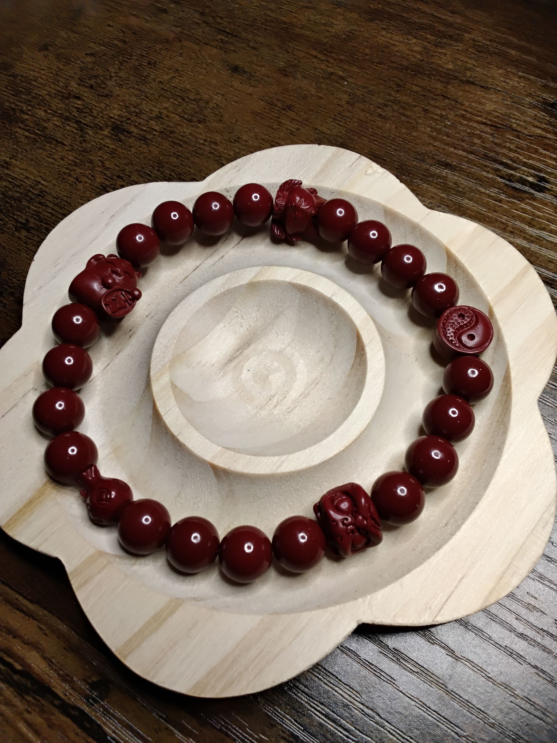 Cinnabar with Lion, Nine Tail Fox, Ying Yang, Coin bag and Fortune Cat