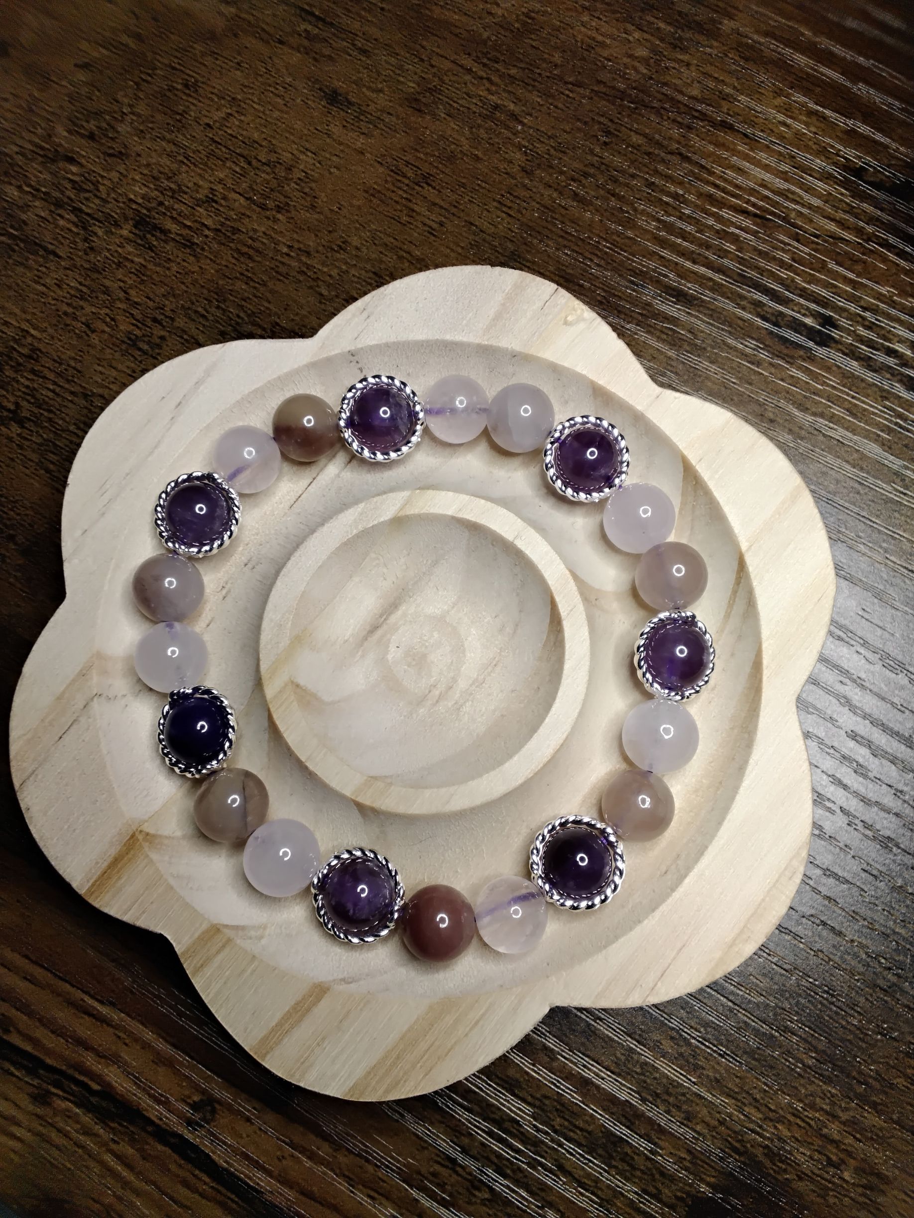 Amethyst, Peach Moonstone, Rose Quartz with Silver Round Bead Frames