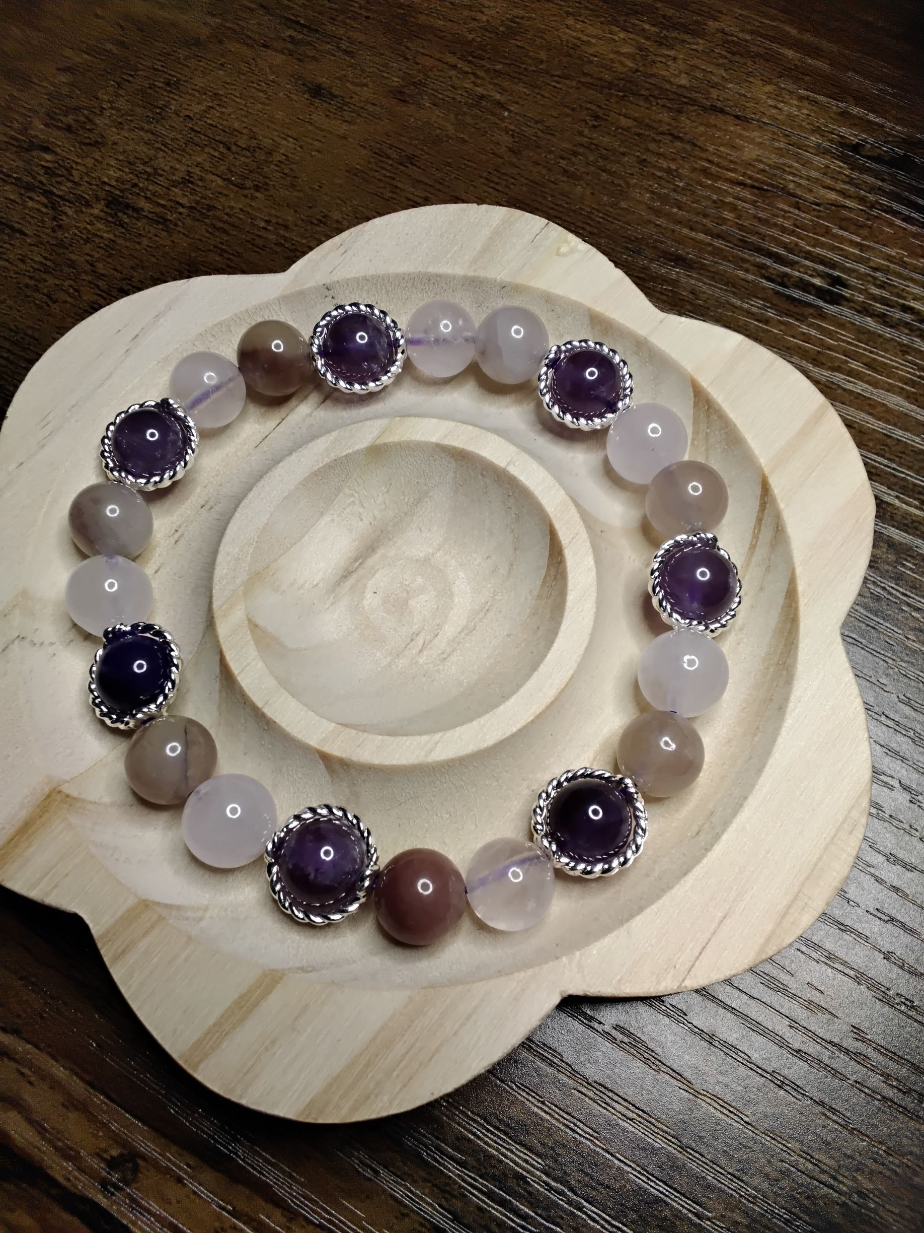 Amethyst, Peach Moonstone, Rose Quartz with Silver Round Bead Frames