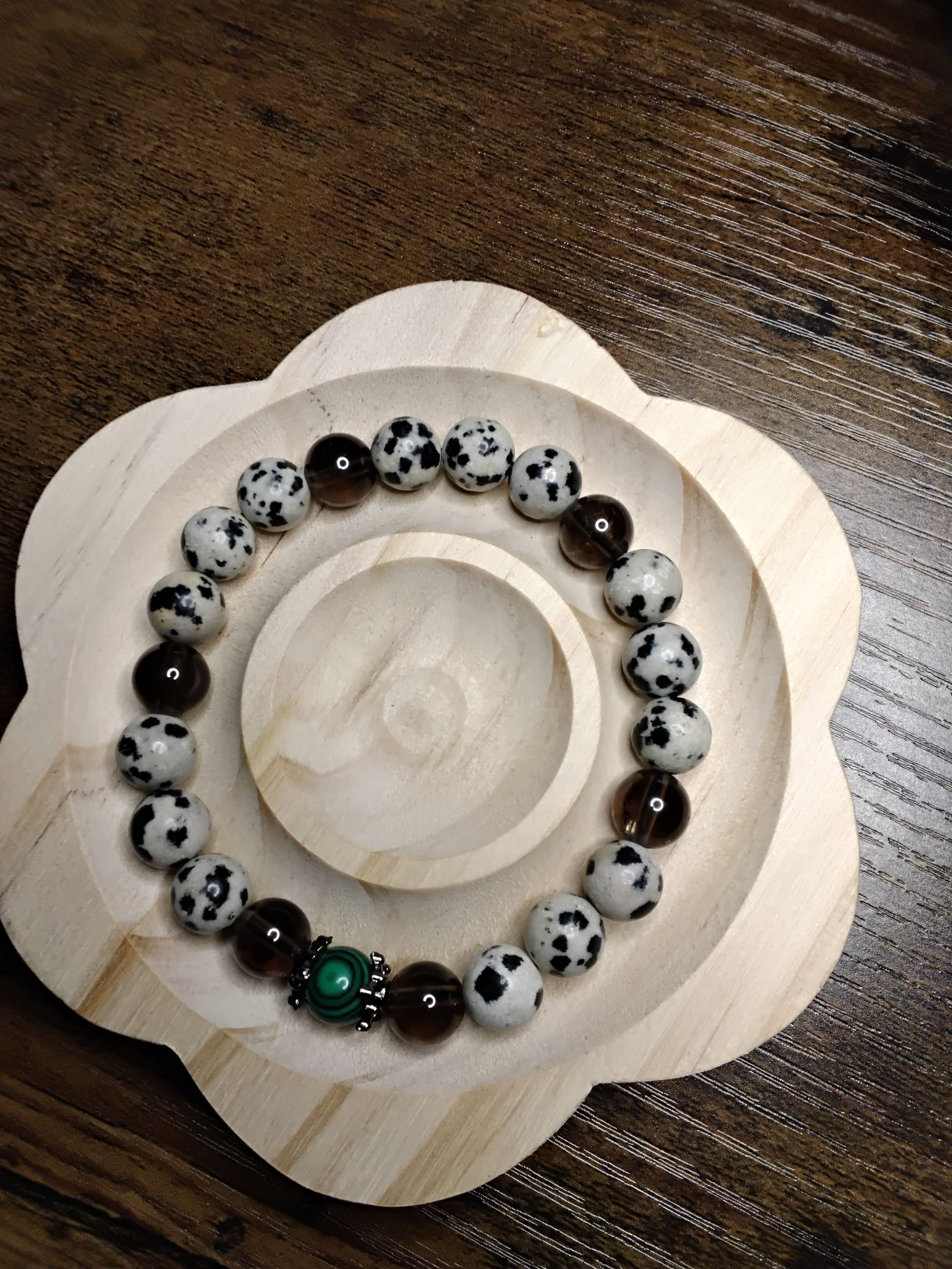 Dalmatian Jaspers, Smoky Quartz, and Malachite