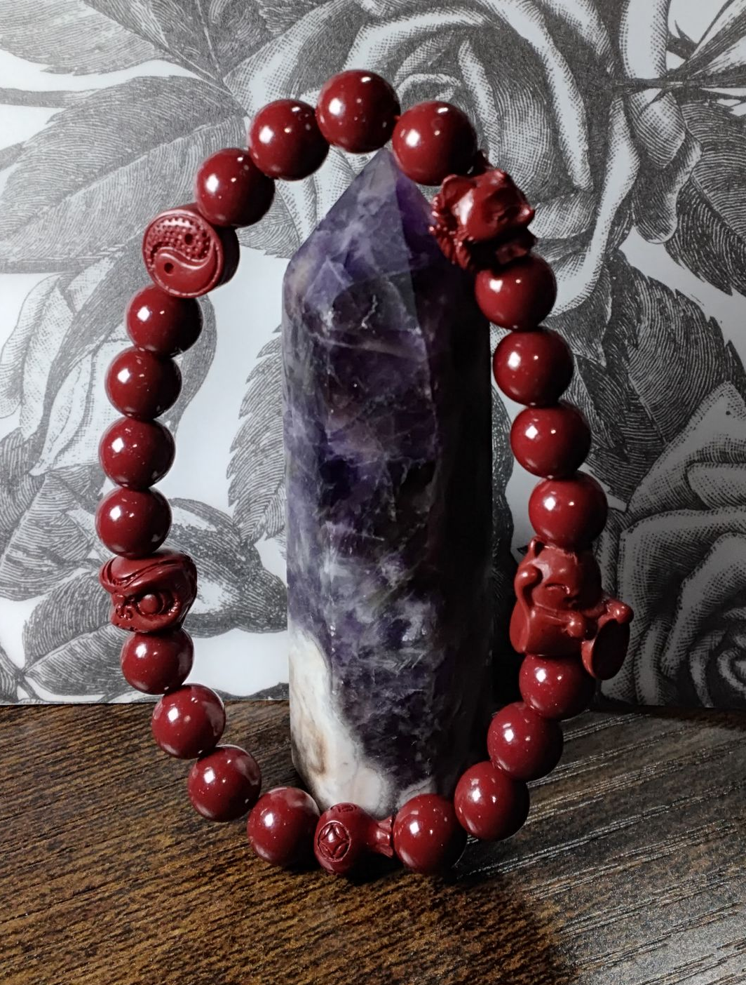 Cinnabar with Lion, Nine Tail Fox, Ying Yang, Coin bag and Fortune Cat