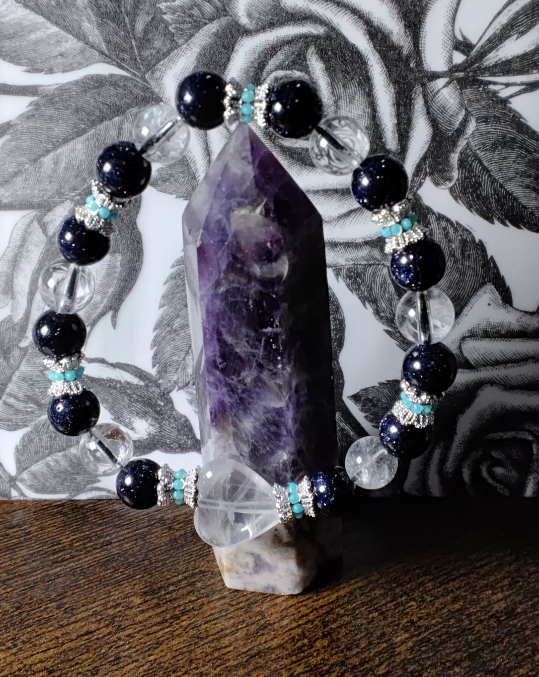 Blue Sandstone, Clear Quartz Heart and Clear Quartz beads