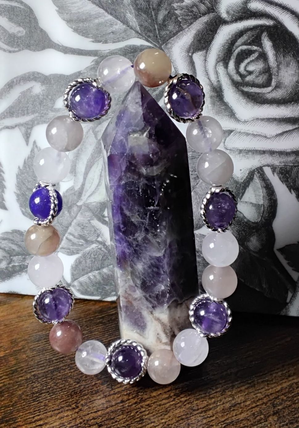 Amethyst, Peach Moonstone, Rose Quartz with Silver Round Bead Frames