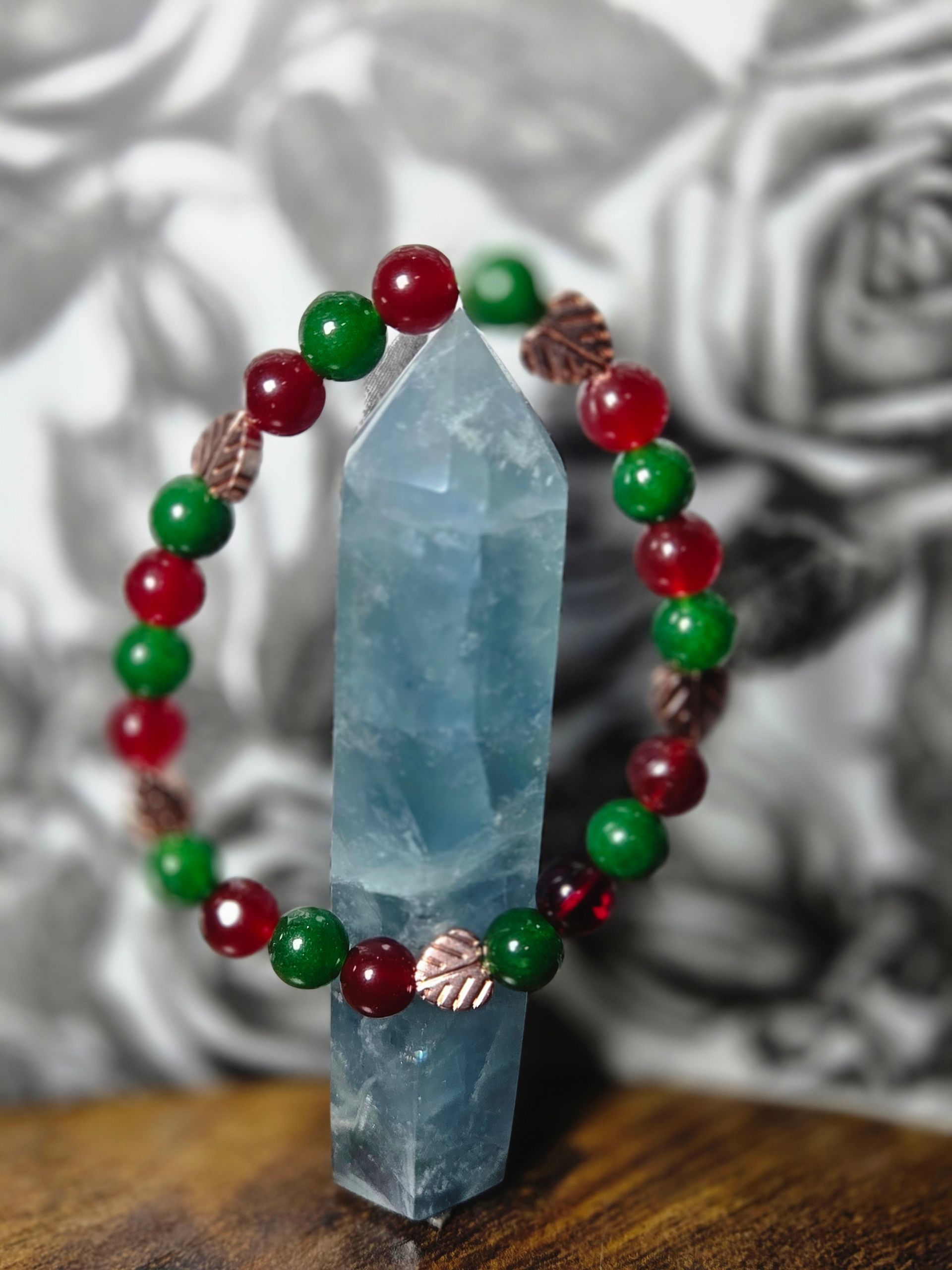 Ruby Jade, Seaweed Jade, and Rose Gold Hematite Leaves