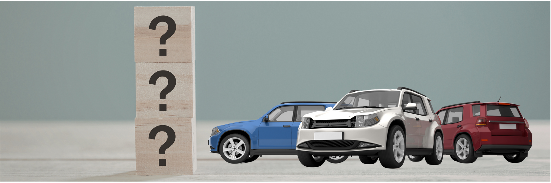 Three cars, blue, white, and red, next to three wooden blocks with question marks.