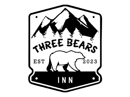 A black and white logo for three bears inn with mountains and a bear.