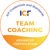 A logo for icf credentials and standards team coaching advanced certification