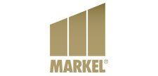 A gold logo for a company called markel.