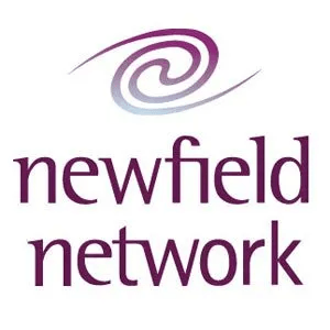 A logo for newfield network with a purple swirl