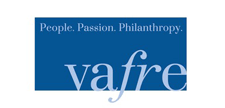 The vafre logo is blue and white and says people passion philanthropy