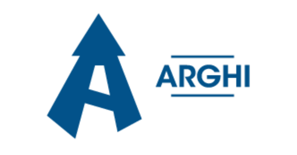 Um logotipo para archi com uma seta azul apontando para cima