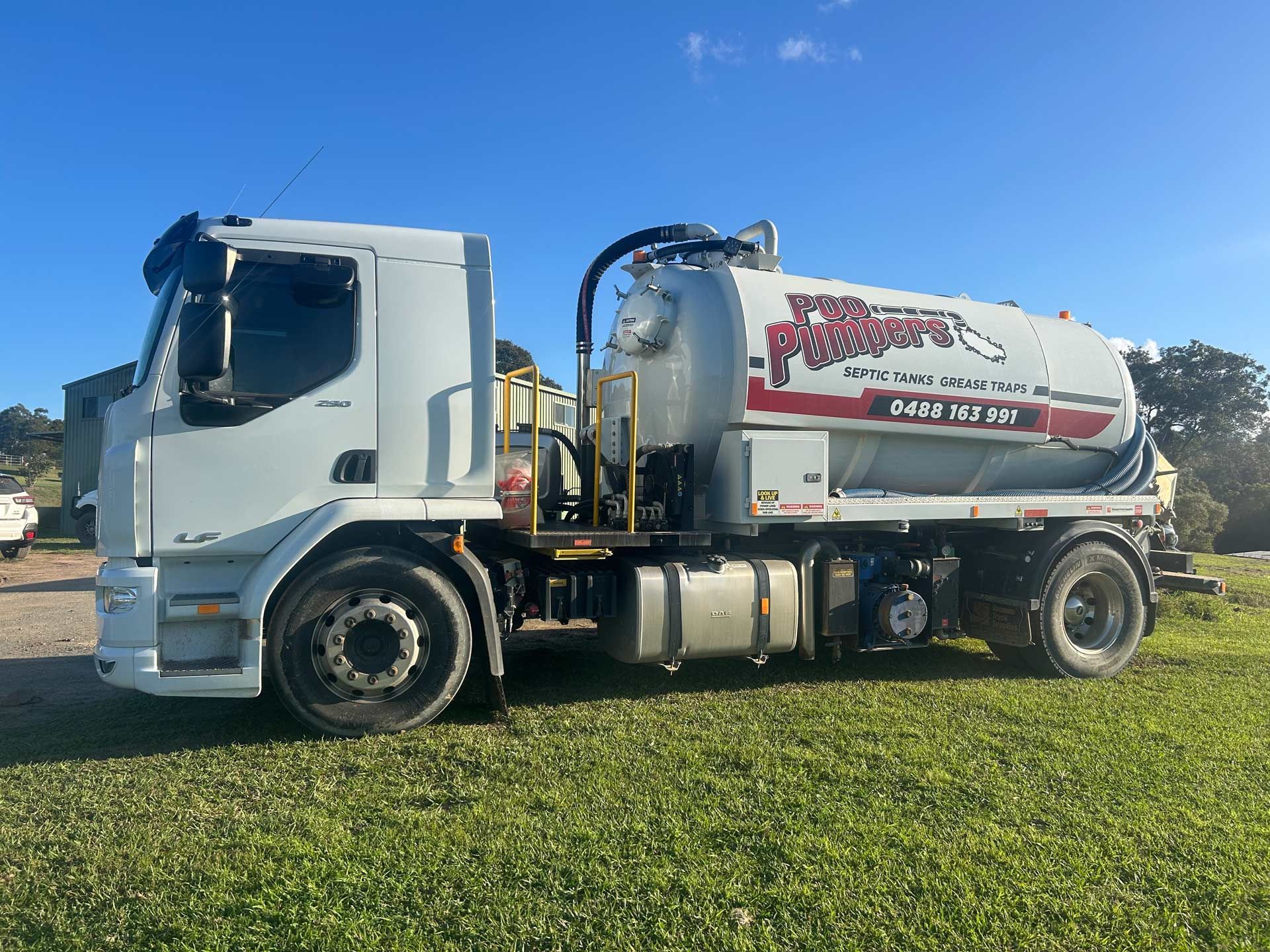 A White Vacuum Poo Pumpers Truck — Gympie Poo Pumpers in Cooroy, QLD