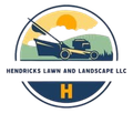 Logo for Hendricks Lawn and Landscape LLC. Features a lawnmower illustration over a landscape scene within a circle. Blue and gold color scheme.