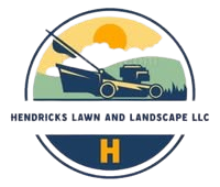 Logo for Hendricks Lawn and Landscape LLC. Features a lawnmower illustration over a landscape scene within a circle. Blue and gold color scheme.