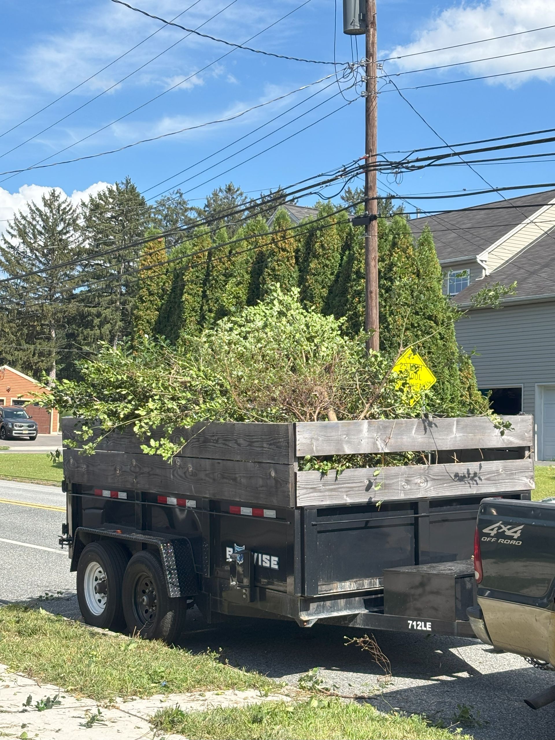 A trailer filled with green tree branches and debris, parked on a street near a power pole.