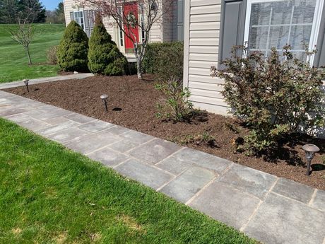 Stone walkway alongside a garden bed with mulch, shrubs, and small trees.