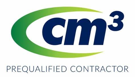 Logo for cm³, a prequalified contractor; features 
