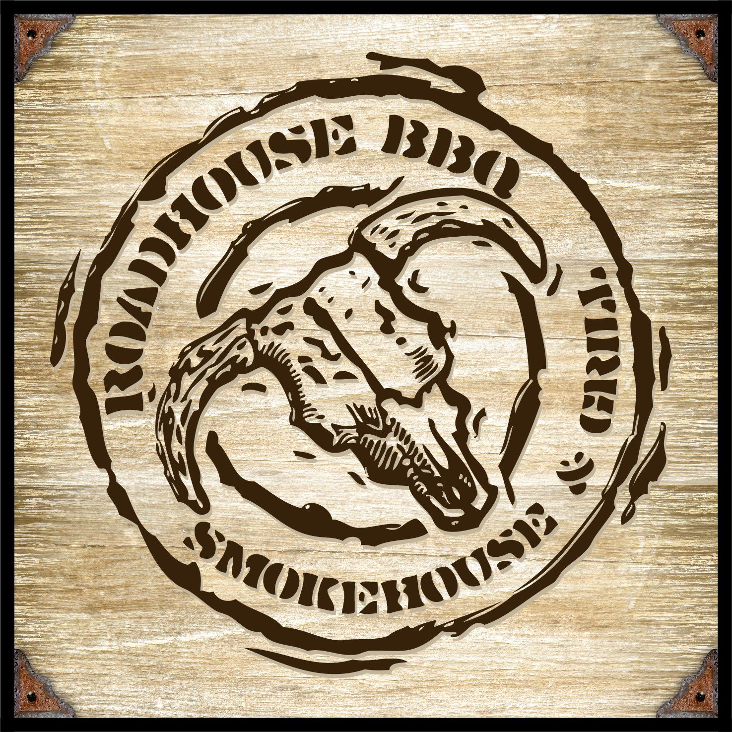 The logo for roadhouse bbq smokehouse is on a wooden barrel.