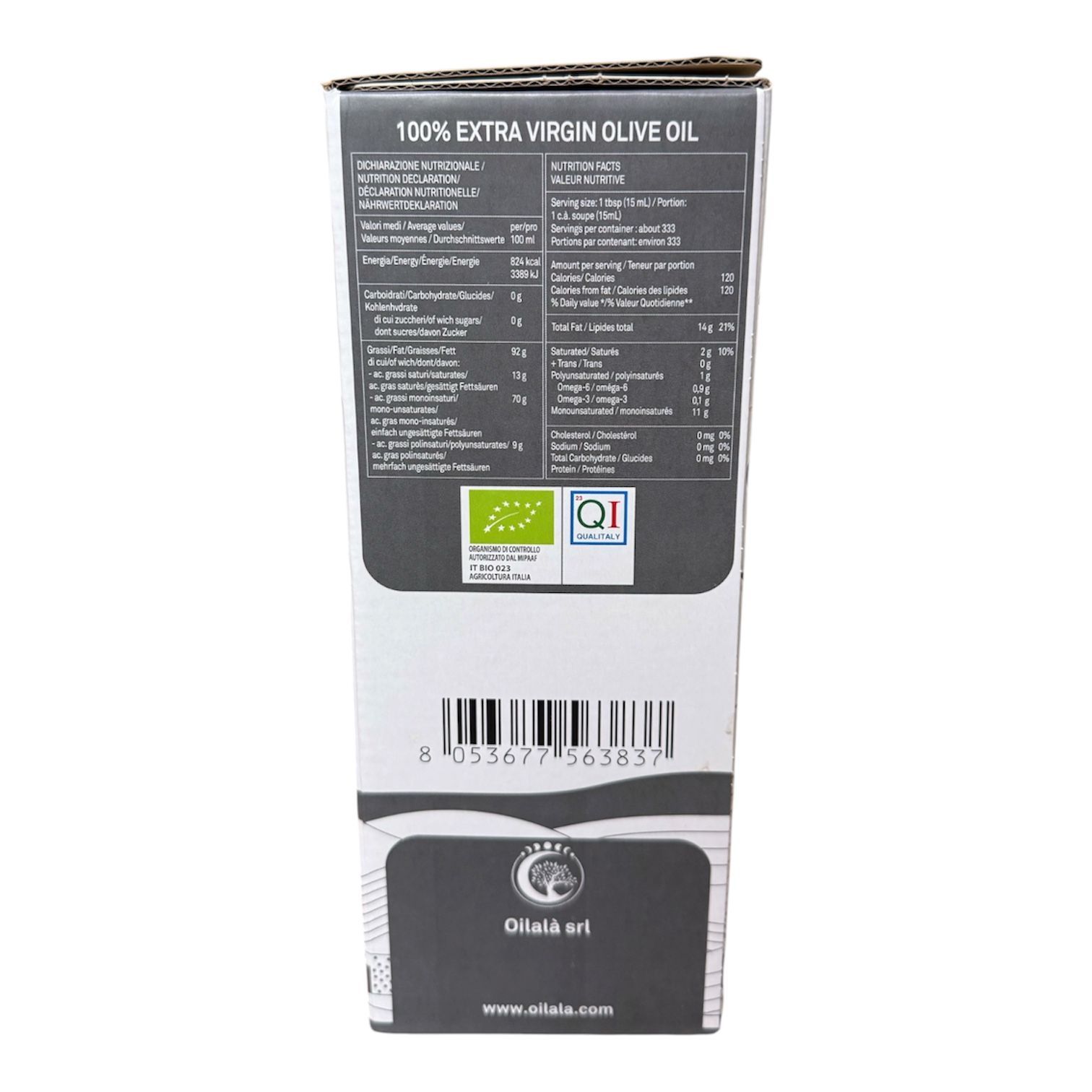 <大容量5公升>Oilalà 佩拉扎納 Peranzana 歐盟有機認證冷油初榨橄欖油