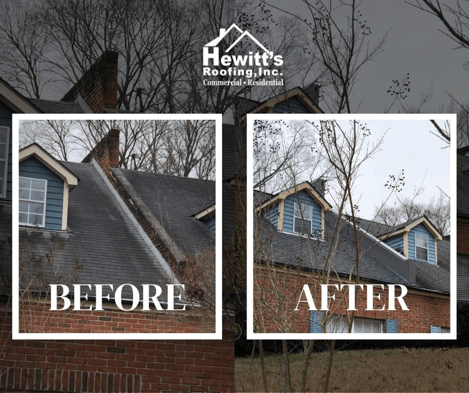 Before & After of a custom chimney flashing with chimney cap.