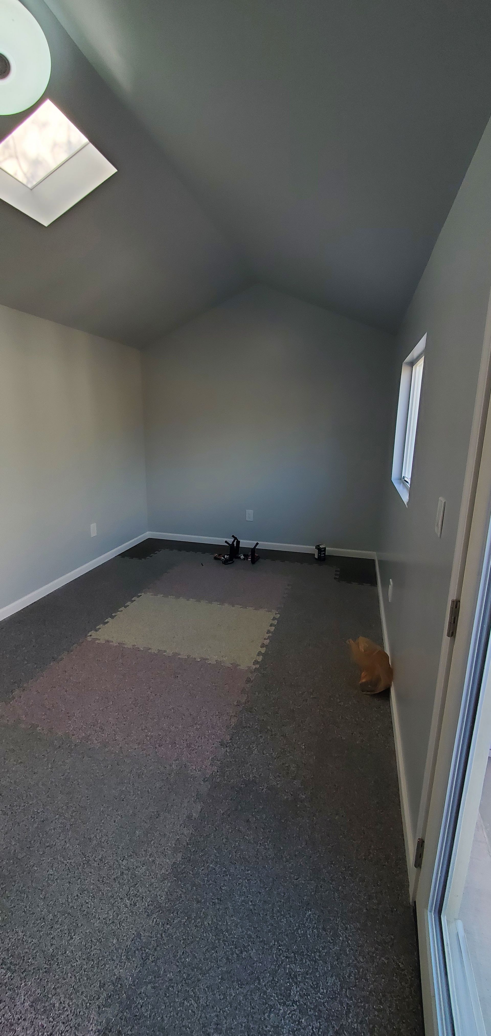 An empty room with a carpeted floor and a skylight in the ceiling.