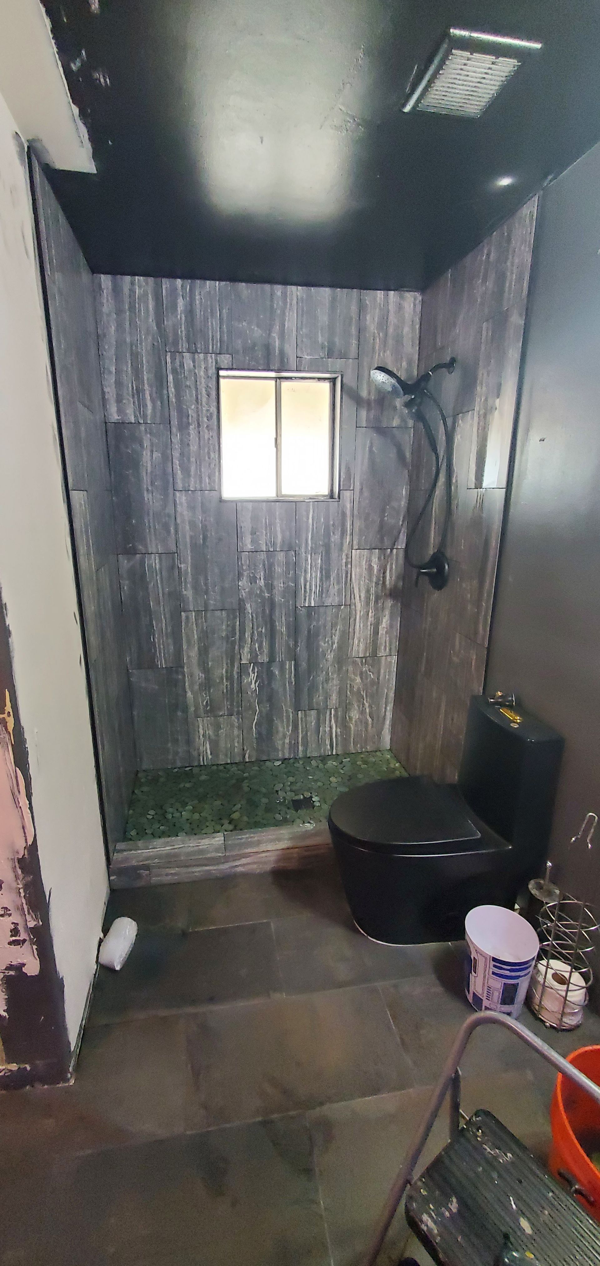 A bathroom with a toilet , shower and window.