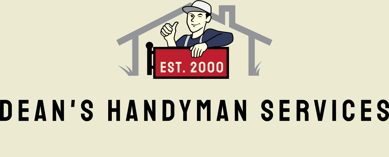The logo for dean 's handyman services shows a man holding a sign in front of a house.