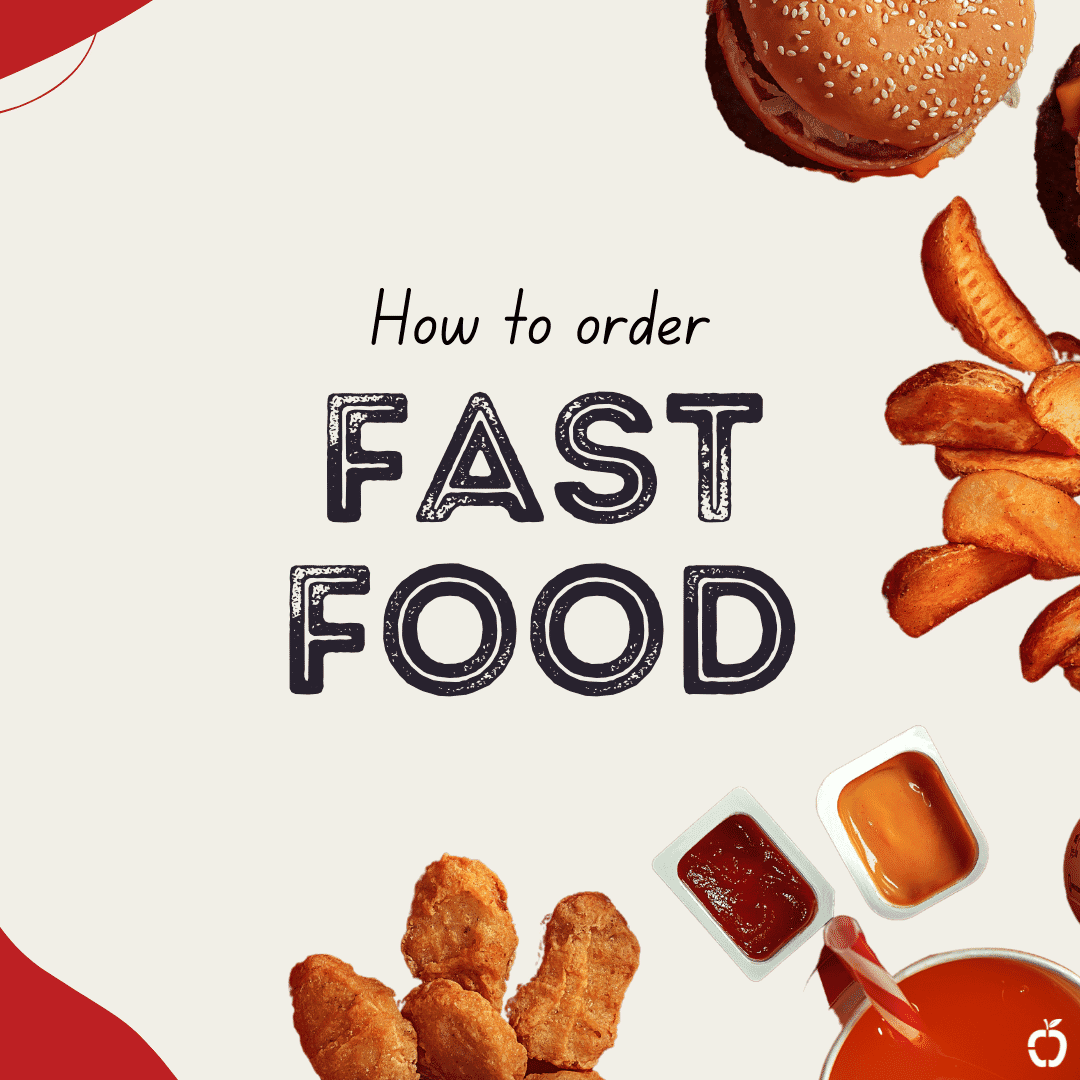 A poster showing how to order fast food with a hamburger , french fries , chicken nuggets and ketchup.