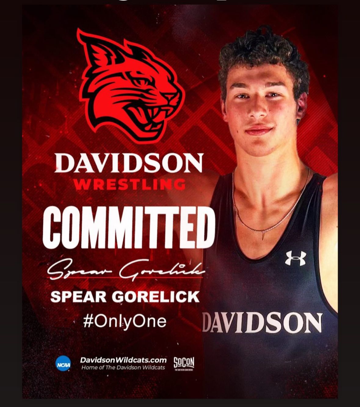 Davidson Wrestling commitment graphic: Spear Gorelick, wearing a black singlet, against a red background with Davidson logo.