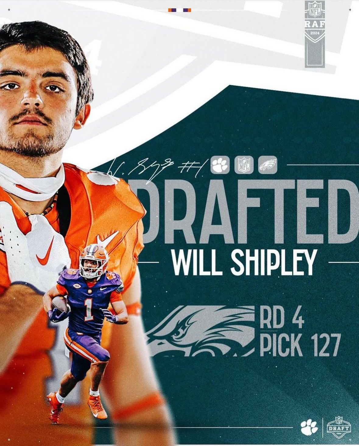 Will Shipley drafted by the Eagles. Text on an orange/blue graphic: