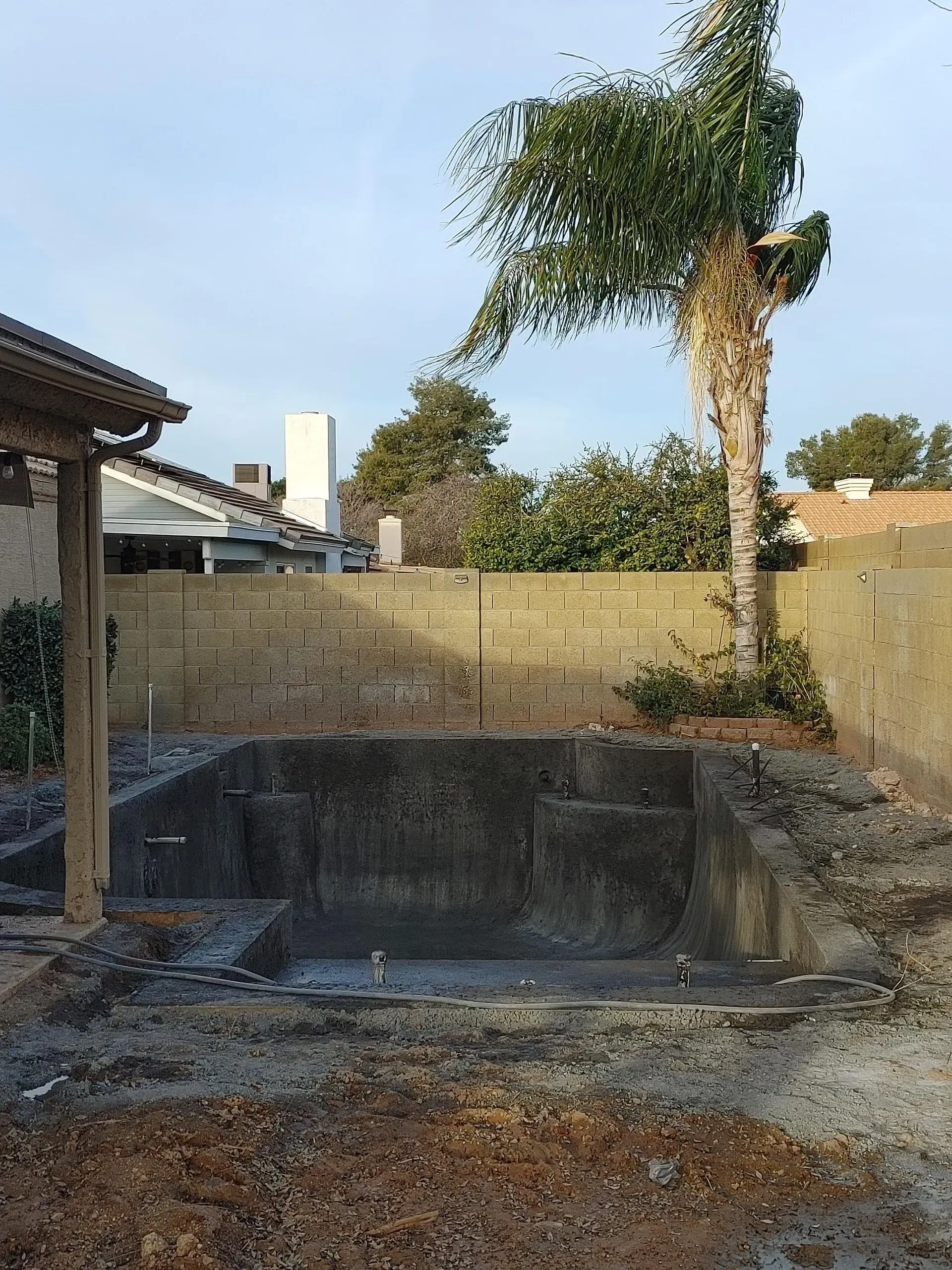 Pool under construction; concrete walls, dirt ground, palm tree, and part of a house in the background.