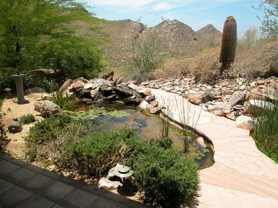 Desert landscape with a small pond, rock waterfall, and a stone walkway.
