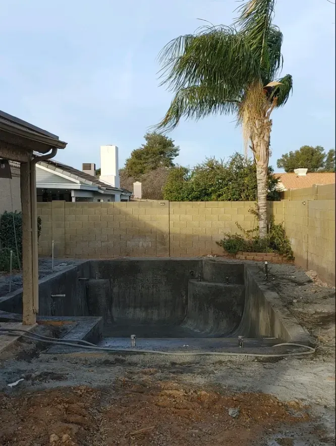 Pool under construction in a backyard, cement structure, with a palm tree, and a block wall in the background.