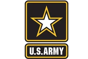 U.S. Army logo: black square with a white star inside a yellow star; below, a black rectangle with “U.S. ARMY”.