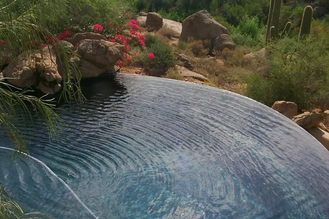 A pool of blue water with ripples, rocks, and green and red plants, in a natural setting.