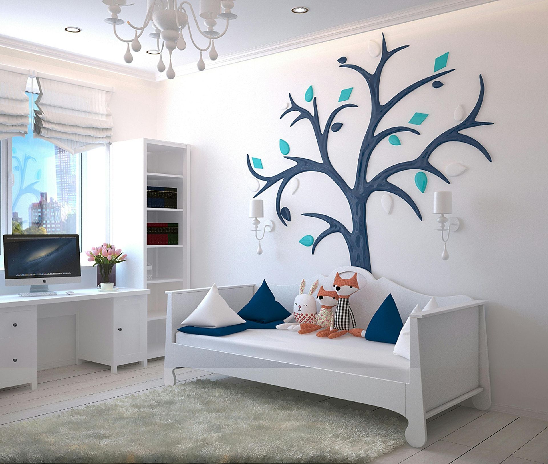 A bedroom with a couch and a tree on the wall