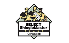 A logo for select shingle master shows three men standing next to each other